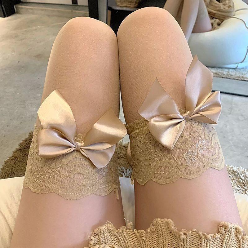 Sexy underwear bow lace royal sister style sexy skin tone transparent black stockings spring and summer thin pure lace lace knee socks