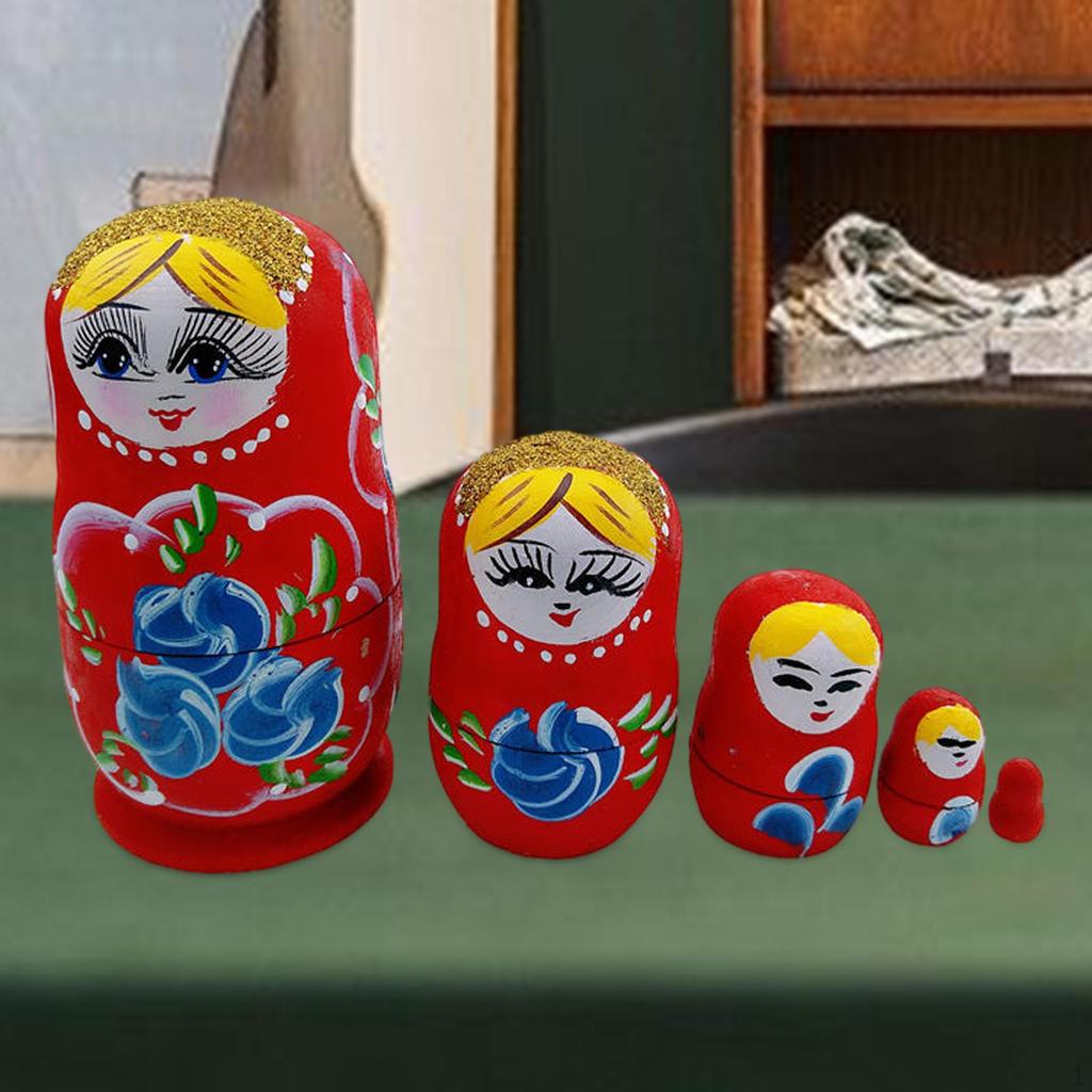 5 Pieces Matryoshka Doll Stacking Set Cartoon Figures Crafts Cute Traditional Wooden Russian