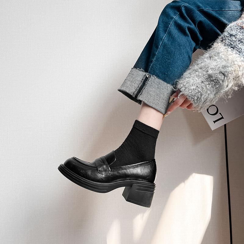Retro Thick Heel Korean Version of Small Leather Shoes for Women In Spring and Summer 2025, New One-pedal Simple Black Loafers, Single Shoes for Women