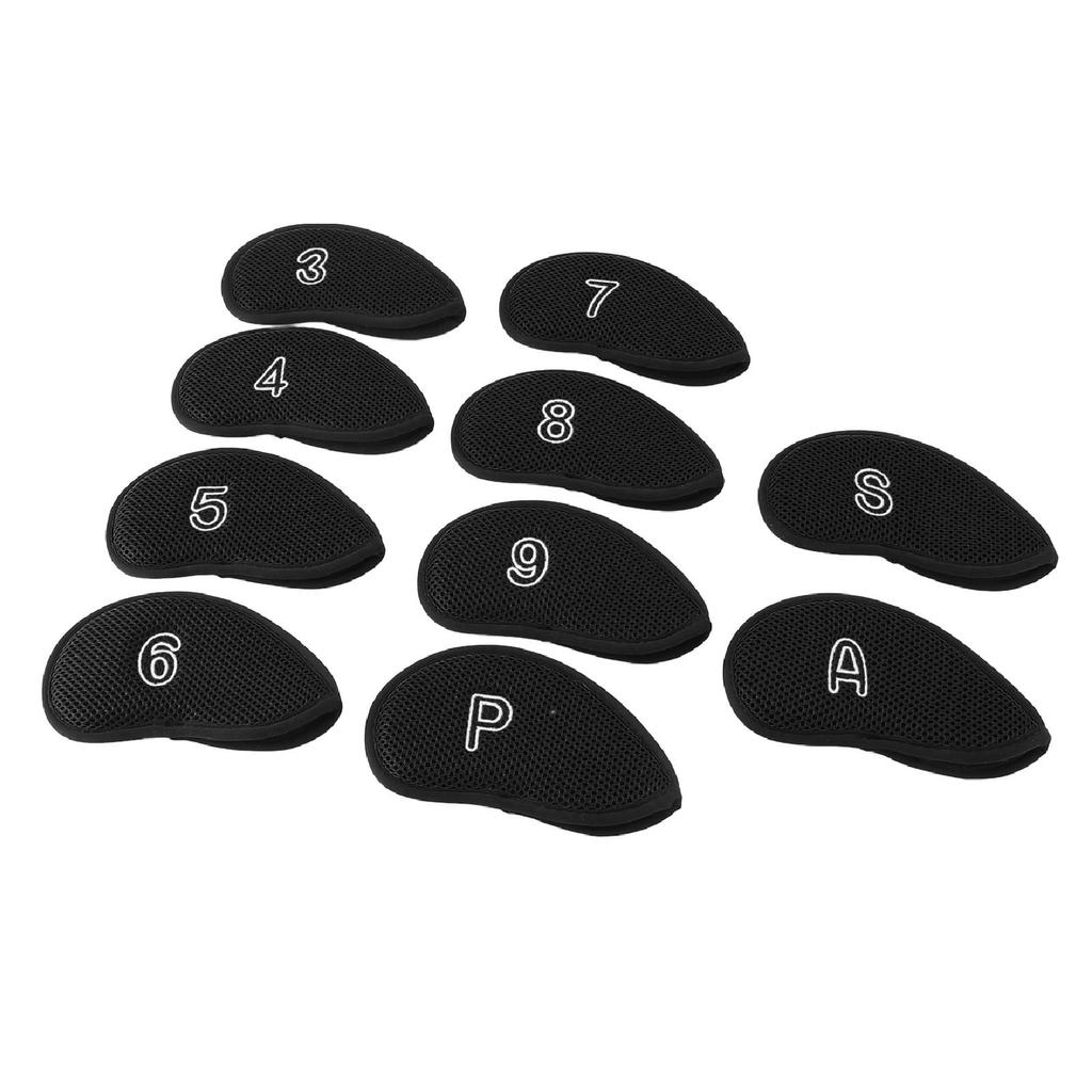 10pcs Golf Club Head Cover Breathable Nylon Mesh Soft Lining Protective Golf Iron Covers Set Black