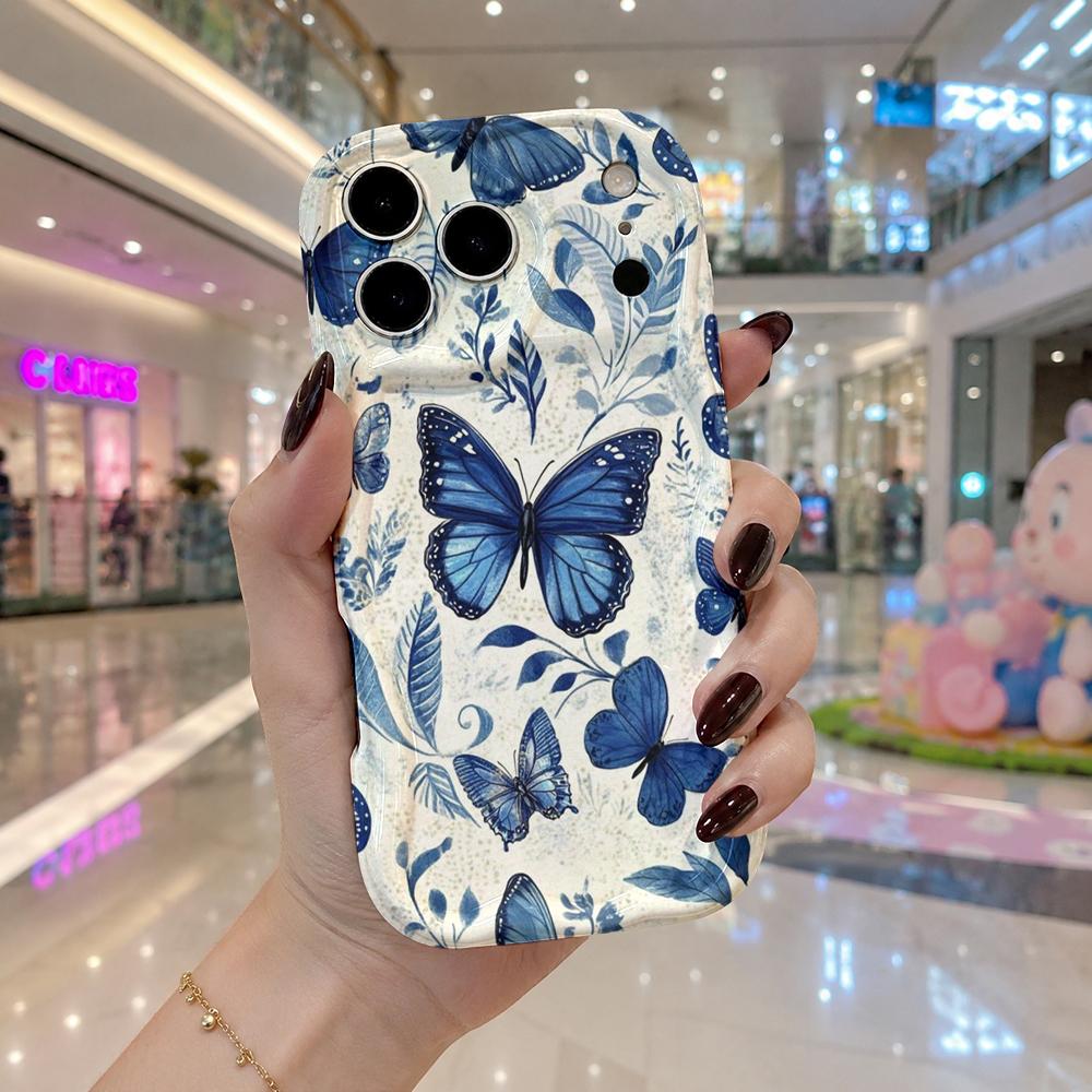Wavy Edge Phone Case For iPhone 16 15 14 Pro Max 13 12 Mini 11 XR XS SE Blue Ink Butterfly Oriental Art Cover