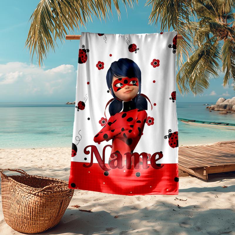 Custom Name Ultra-Soft Beach Towel with Ladybug Theme,Ideal for Pool - Camping, Diving - Perfect Travel Essential, Vibrant Beach Towel.