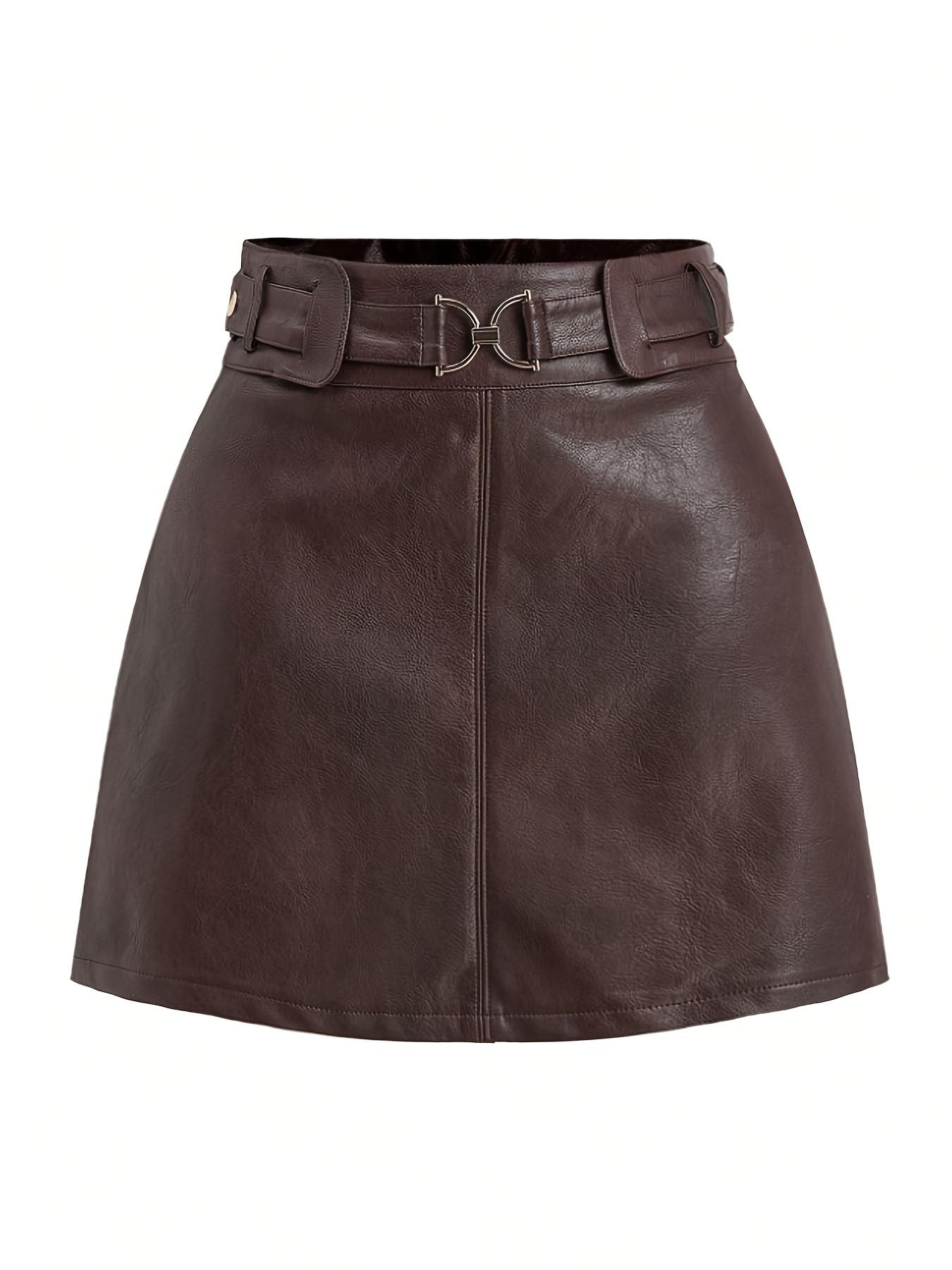 

European & American Retro PU Leather A-line Skirt with Belt Buckle - Waist-cinching Slim Design S