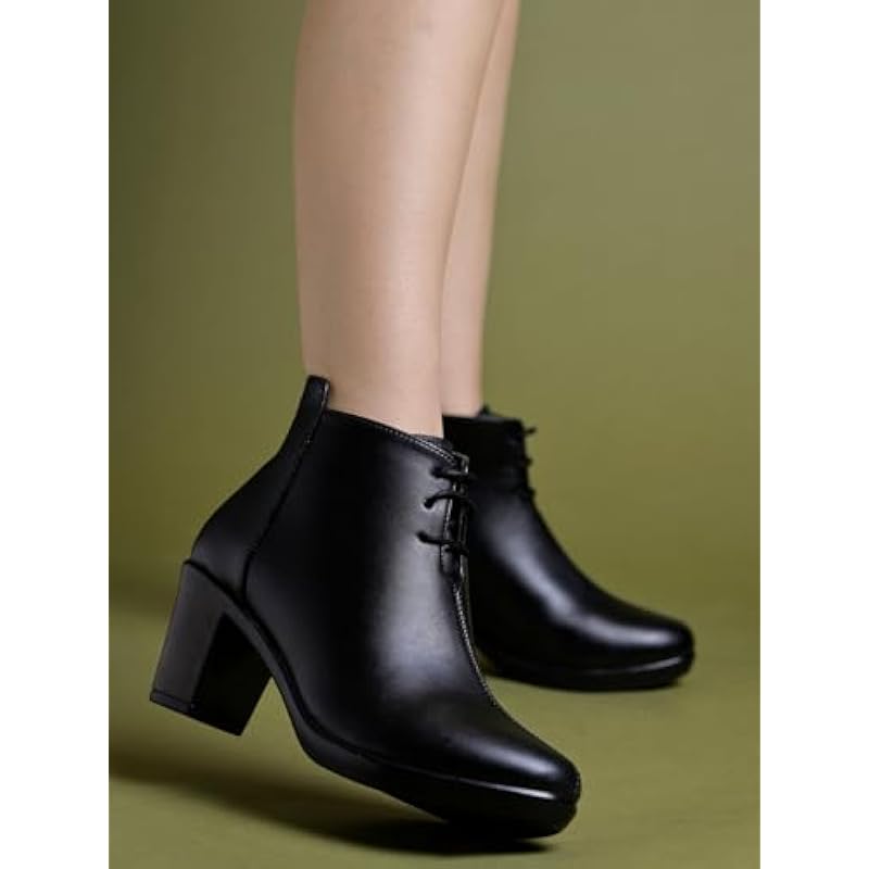 

Shoetopia Women S Black Leather Ankle Booties With Block Heel And Lace-Up Closure Stylish Mid-Heel Dress Boots For Offi 6 UK чёрный