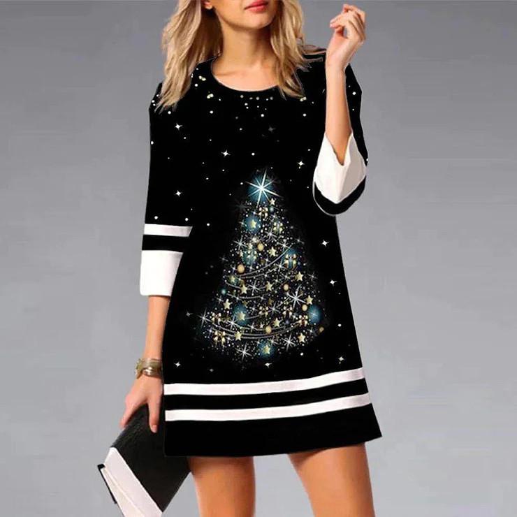 2026 Women's Christmas Print 3/4 Sleeve Mini Dress