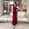 French beautiful sexy neck red fishtail dress long dress female royal sister style new waist slim dress