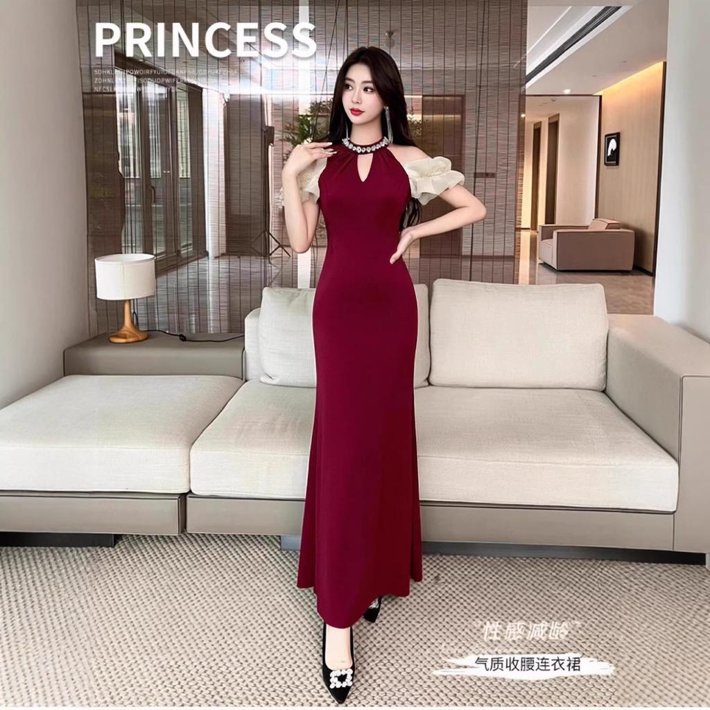 French beautiful sexy neck red fishtail dress long dress female royal sister style new waist slim dress