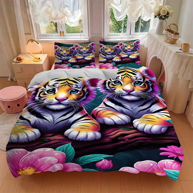 3pcs Tiger Cubs Duvet Cover Set -Includes 1 Duvet Cover and 2 Pillowcases, No Quilt Core, All-Season Home Decor  Yy251111196
