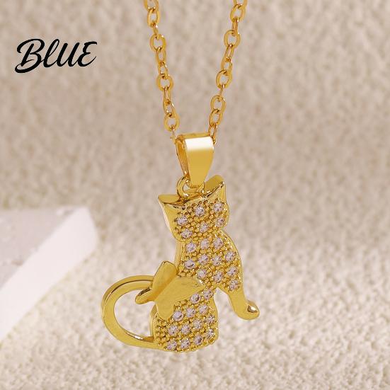 Cat Butterfly Necklace Pendant Cubic Zirconia Cute Kitty Stylish Animal