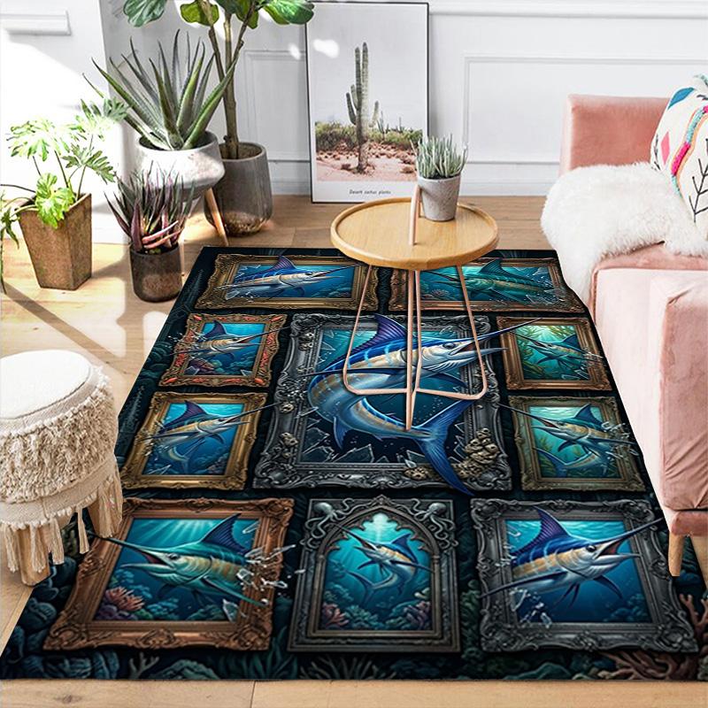Marlin Fish Art Collection Pattern Rug Floor Mat for Living Room or Bedroom Soft and Comfortable Carpet a Gift for Birthday and Holiday.