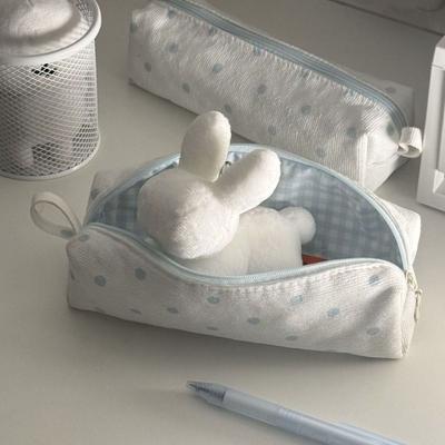 Portable Cream Color Pencil Case Multi-functional Polka Dot Pen Bag Large-capacity Stationery Pouch School Supplies