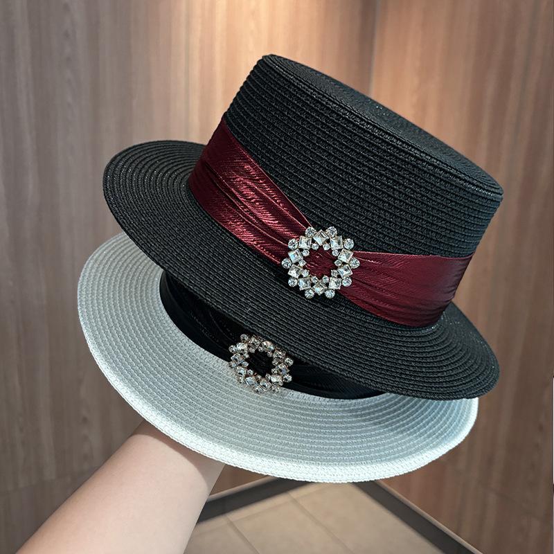French Rhinestone Satin Webbing Straw Hat Female Elegant Light Luxury Retro Adjustable Sun Hat Travel Versatile Sun Protection Hat