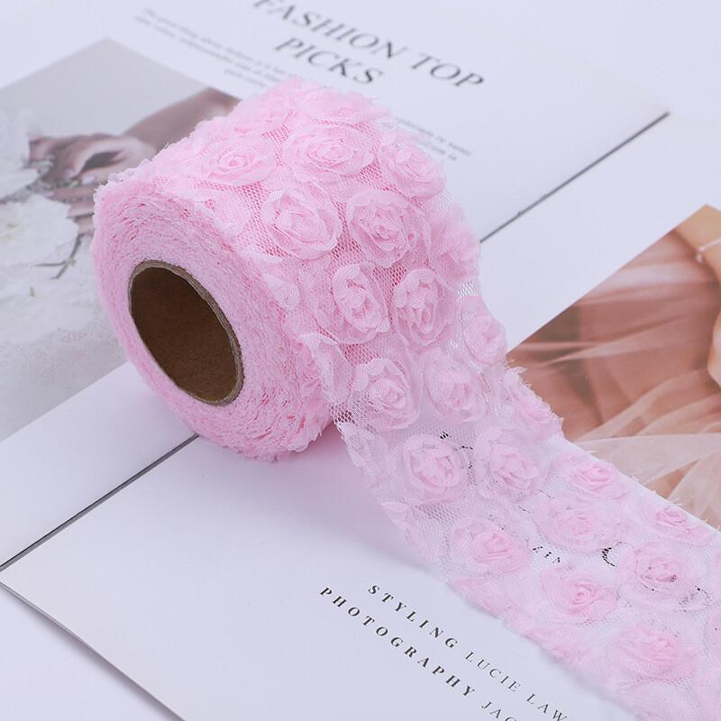 5Yards 3D Rose Flower Embroidered Lace Trim Ribbon Fabric DIY Clothing Accessorie Hand Sewn Wedding Headdress Bow