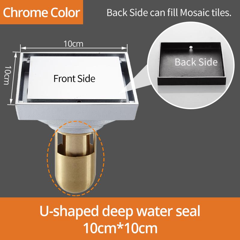 Floor Drains 10cm Square Shower Drain Brass Floor Drain Trap Waste Grate With Hair Strainer Bathroom Shower Accessories 811525