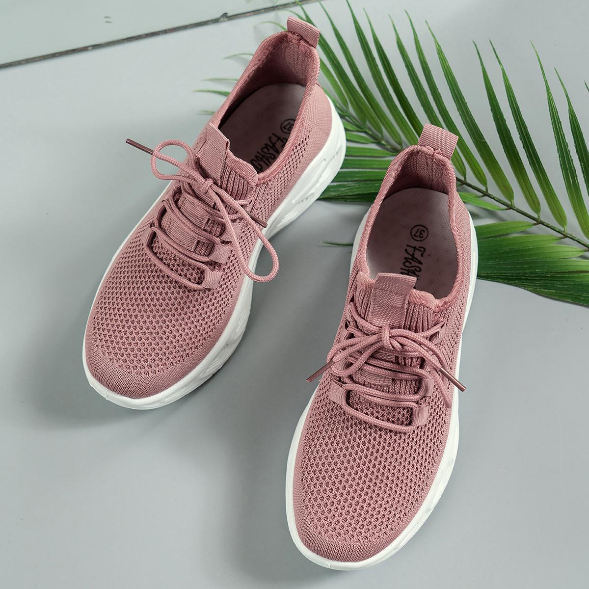 

Модные женские кроссовки 2024 Новые весенне-осенние Новые сетчатые дышащие туфли на плоской подошве Удобные легкие вязаные кроссовки Дизайнерская обувь 41 розовый