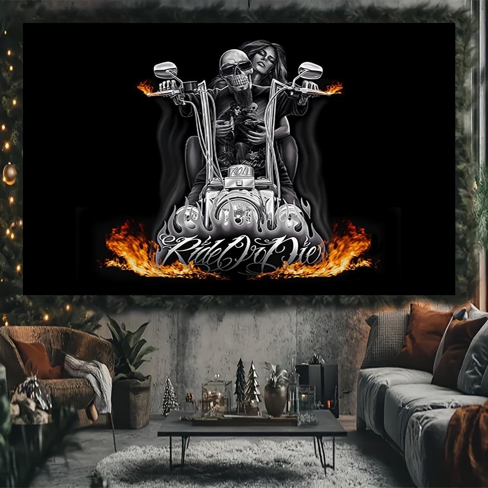VIKAMA Motorcycle Skull Tapestry Biker Girl and Flaming Skull American Retro Living Room Sofa Backdrop Wall Room Decor 74x94cm(29x37in)