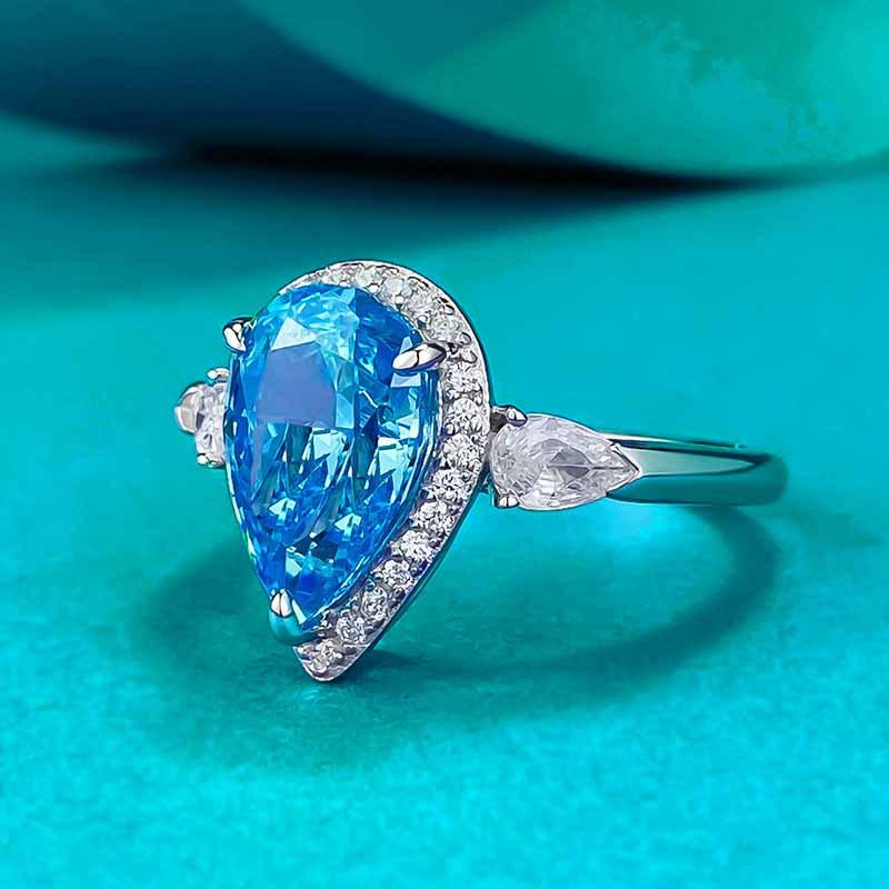 Xiancan Jewelry European & American Cross-border S925 Silver Ring: 7x11 Pear-shaped Aquamarine & High Carbon Diamond, Women's White Gold Band