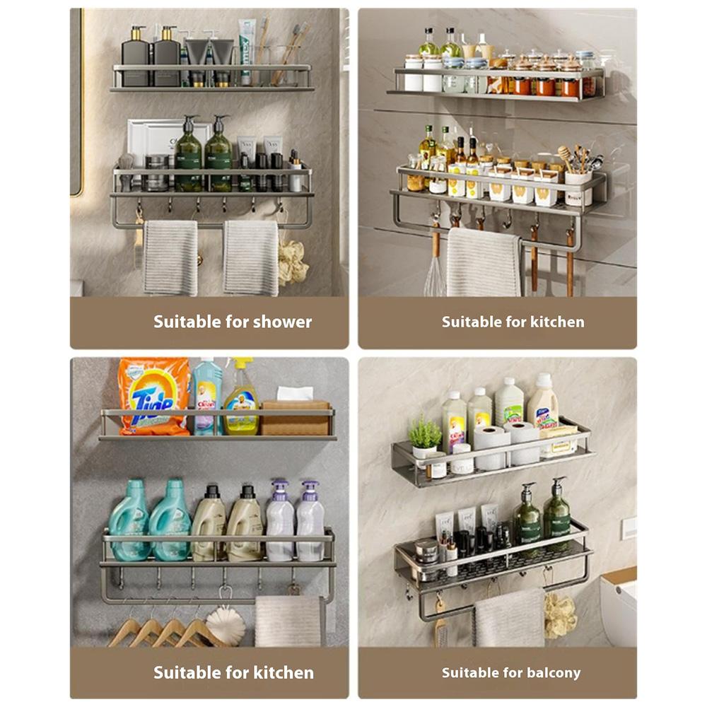 50cm Bathroom Storage Rack with Hooks and Towel Bar Wall Mounted No Drill Ventilated Draining Organizer