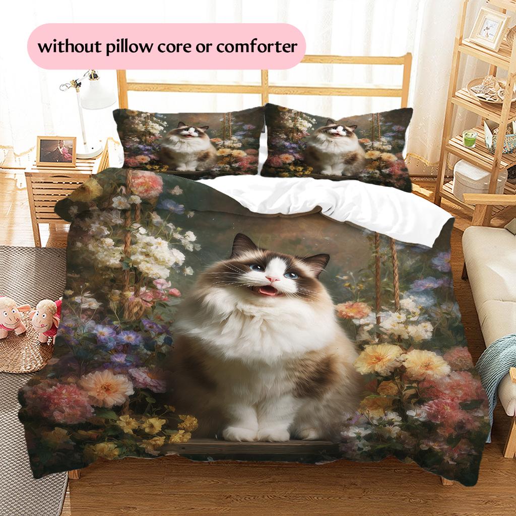 Ragdoll Cat and Fresh Flowers Pattern Bedding Home Decoration Birthday Gift (1 * Duvet Cover + 2 * Pillowcase, Without Core)