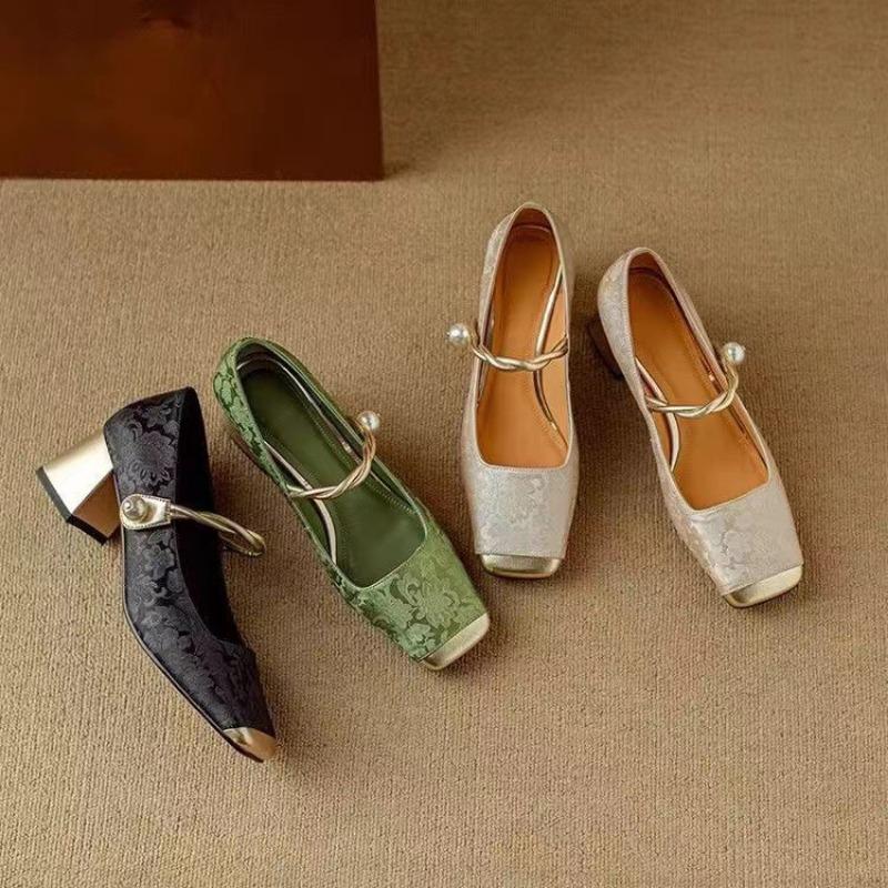 China Mary Jane High Heels Women's Single Shoes One Word with Thick Heels Single Shoes Splicing Single Shoes Women