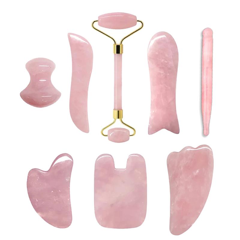 100% Natural Rose Quartz Jade Roller Gua Sha Massager Set Jade Stone Gouache Scraper Facial Massage Lifting SPA Anti Aging Tools