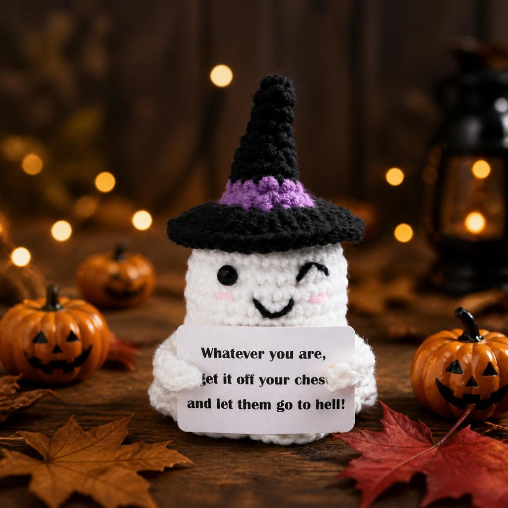 Muñeca de Felpa Tejida a Mano Juguete de Halloween Suave Rellena Amigurumi Fantasma Tejido a Mano Decoración para Exhibición Estacional y Coleccionable