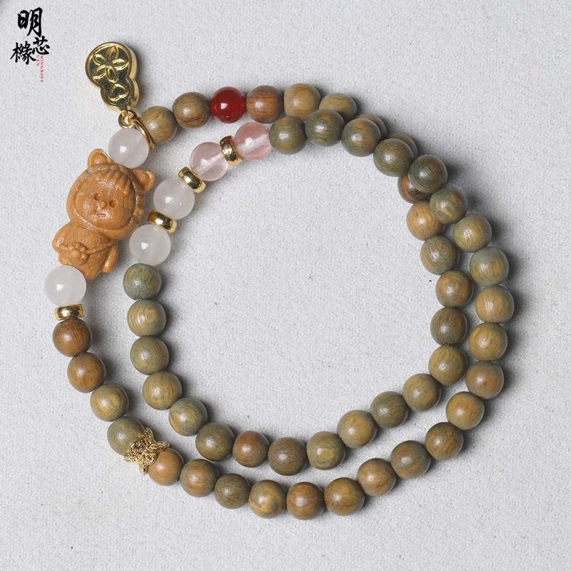 Green Sandalwood Double Circle Bracelet with Dzi Bead and Lotus Pod Pendant