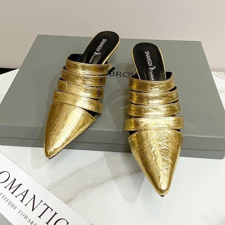 

Премиальный сенс серебряный полый носок полушлепанцы женские летние остроносые толстый каблук средний каблук без каблука сексуальные высокие каблуки большой размер 40 золотой