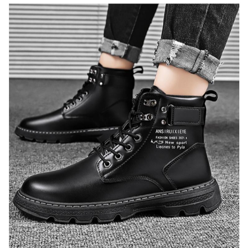Men's Versatile Work Boots, Casual Shoes, Thick Soled Pure Black High Top Boots for Men