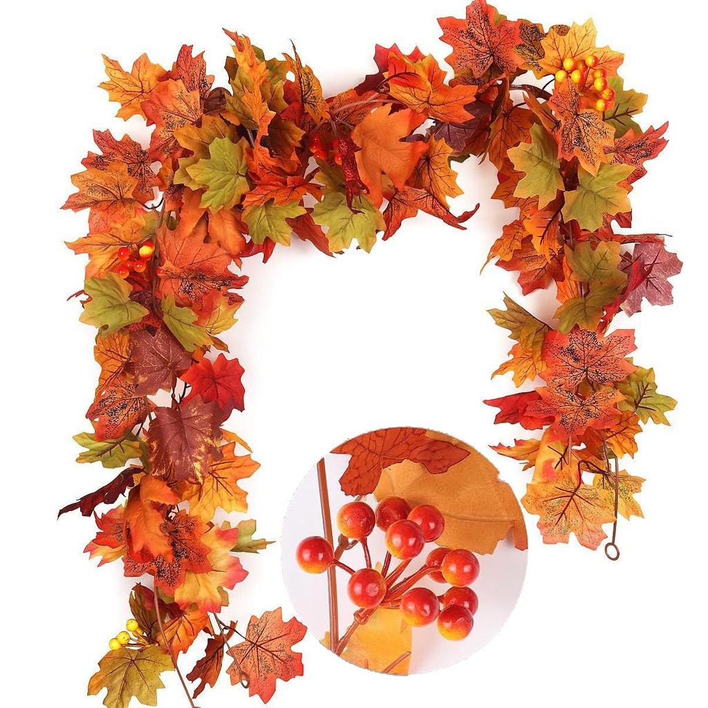 5.7 Feet Autumn Wreath Hanging Vine Maple Leaf Garland Fall Decoration For Home Christmas Wreath Wedding Decor Holiday Seasonal Decoration