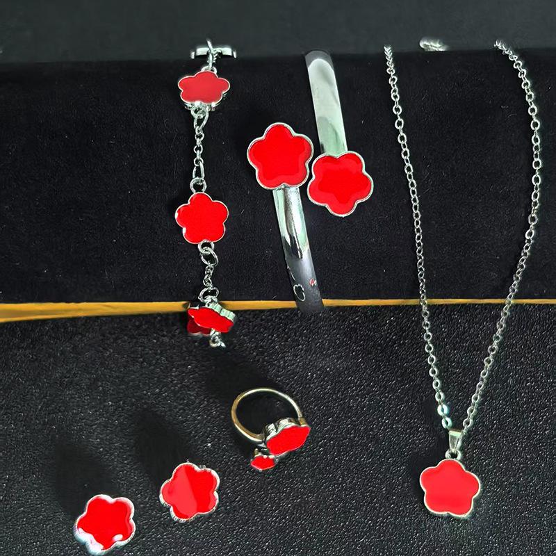 European Elegance: Five-Petal Flower Jewelry Set (Necklace, Bracelet, Bangle, Earrings, Ring)