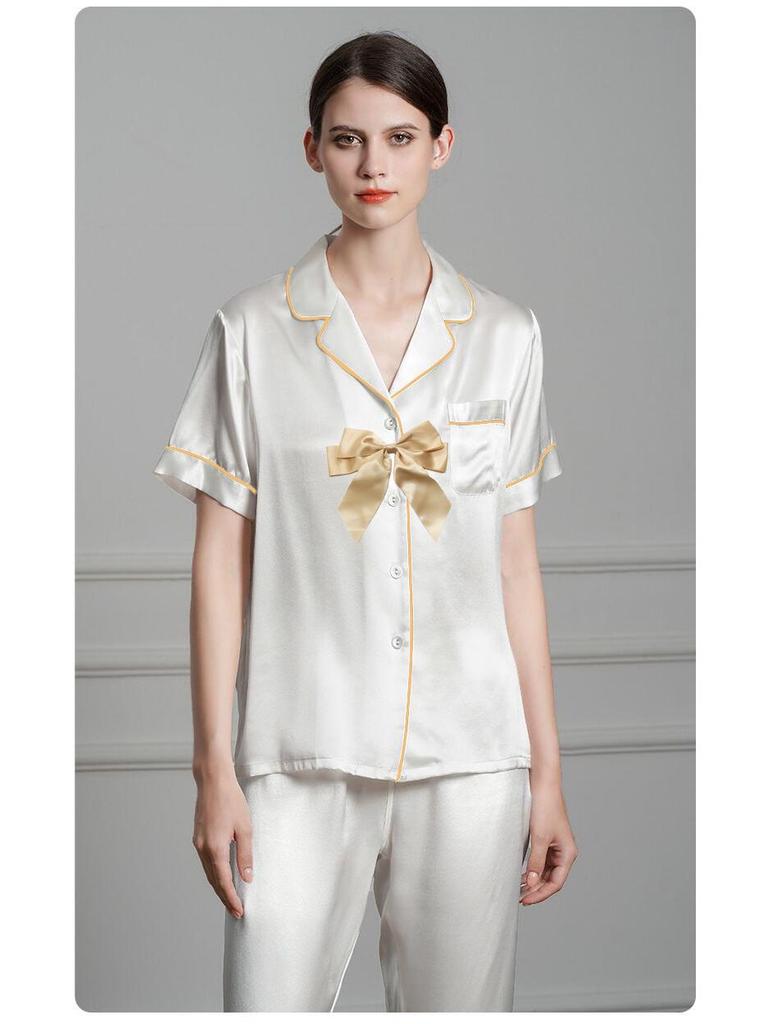 Girls' Imitation Silk Pajama Set - Short Sleeve Top & Long Pants, Lapel Design, Spring/Summer Homewear