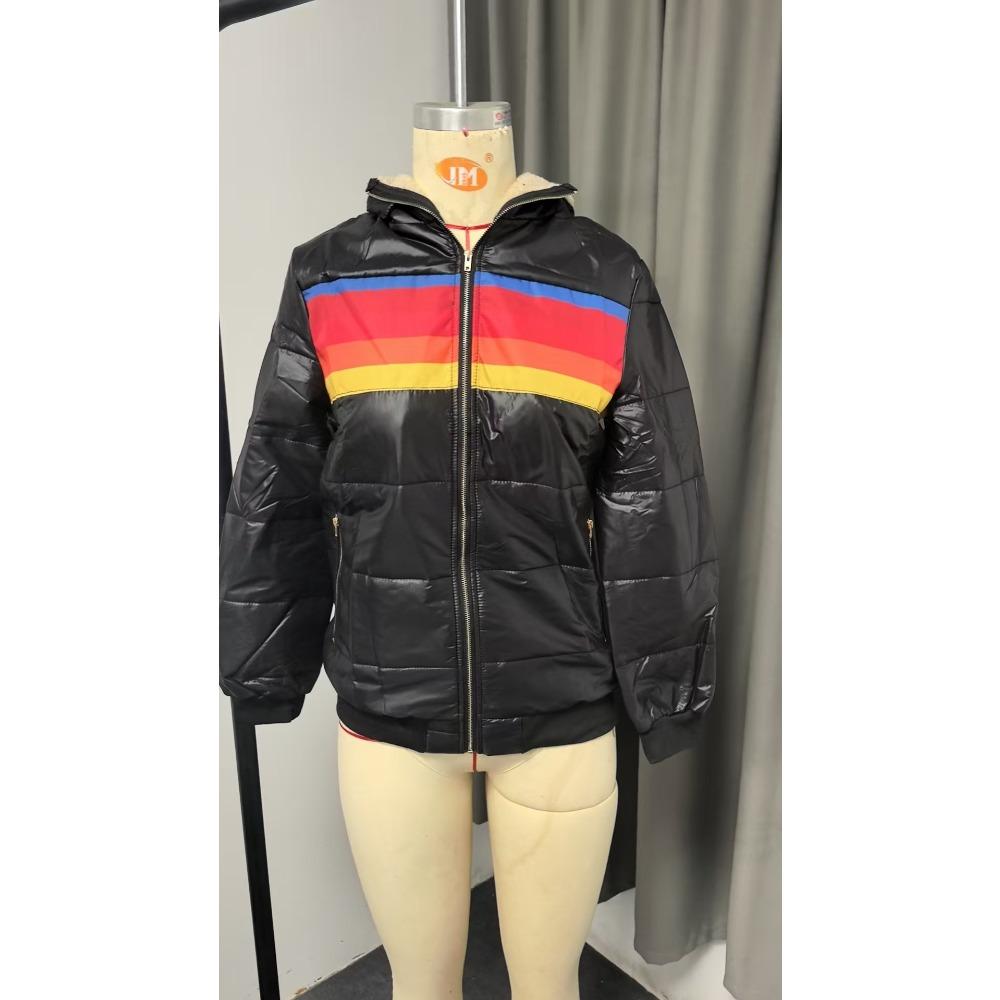 Women s Hooded Long Sleeve Jacket Slim Fit Casual Color Block Puffer Coat S чёрный