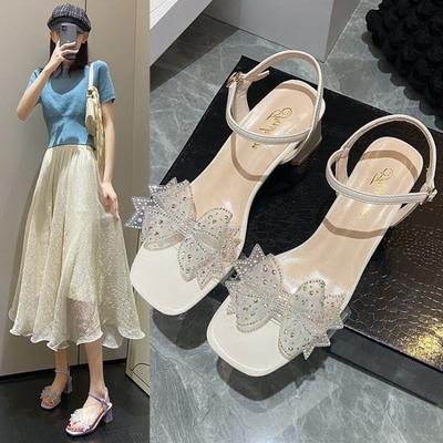 Schoeisel met Middelhoge Hakken Vierkante Sandalen voor Dames Transparant Zomer 2024 Paars Damesschoenen Strik Heldere Strass Diamant H