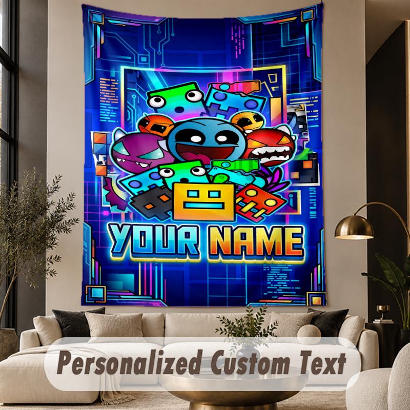 Custom Text Printed Tapestry Geometry Dash Pattern Large Wall Hanging Indoor Room Decor