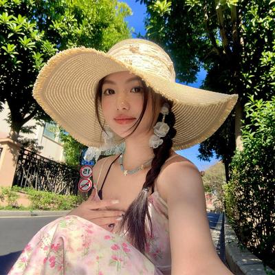 Lace Bow Big Brim Beach Straw Hat Women's Spring New Seaside Sunshade Sun Hat Tide