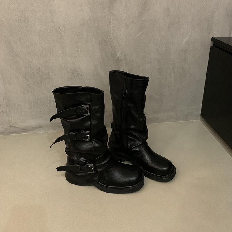 Belt Buckle Long Knee-High Women Boots Fashion Platform Heels Shoes Autumn Winter Slip On Party Botas Mujer
