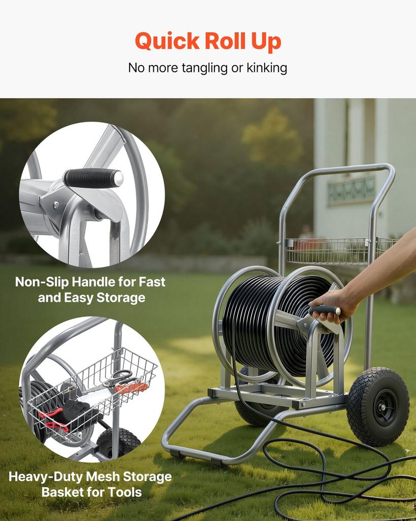 Water Hose Reel Cart, 6096/9144 Cm High-Pressure Garden Hose Cart, Hoses Reel Carts with Two Wheels, Handle & Heavy-Duty Mesh Storage Basket,