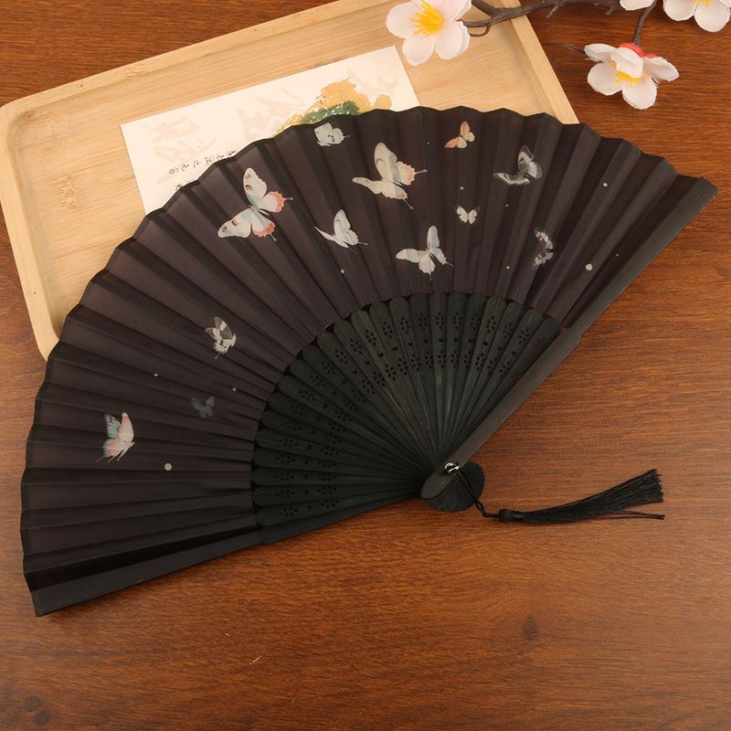 1pc Chinese Style Bamboo Folding Fan Butterfly Pattern Hand Fan With Tassel For Wedding Dance Party Home Decor