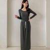 New Arrivals Open Run Slim Long Sleeve Round Neck T shirT And bAnding skirT seT