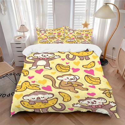 3pcs Monkey Banana Pattern Bedding Set, Breathable and Soft, Suitable for All Seasons, Ideal for Home Use, Suitable for Bedroom Decor Yy250821235