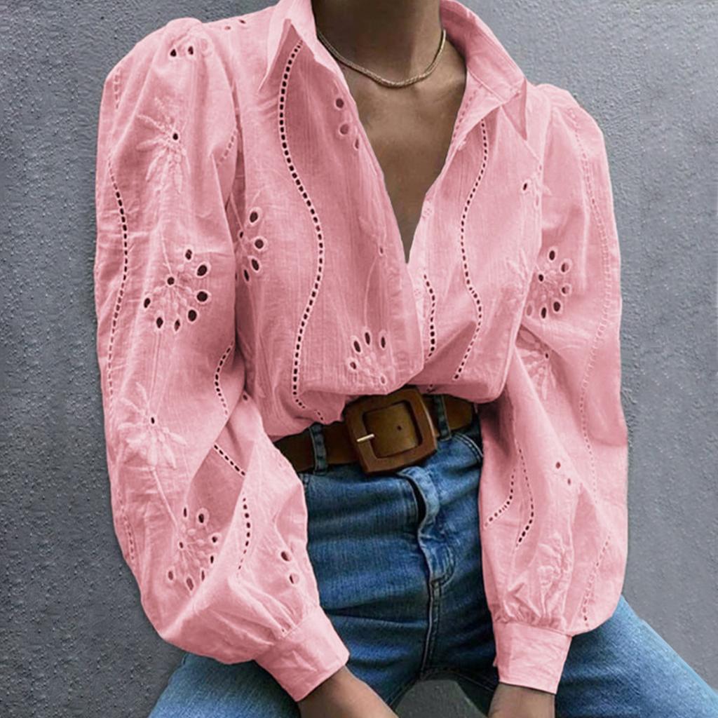 Women Fashion Crochet Lace Shirts Long Puff Sleeve Casual Flower Embroidery Buttons Down Blouse Tops Office Lady