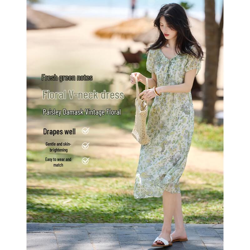 French Elegant V-neck Floral A-Line Dress XL