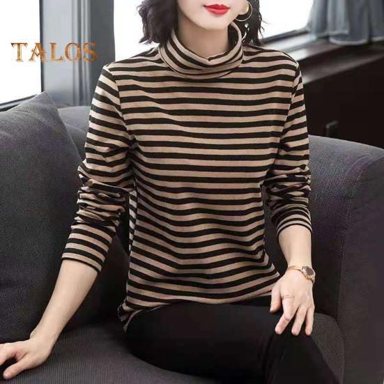 Women Bottoming Tops High Collar Long Sleeve Thickened Velvet Lining Pullover Tops Striped Print Tee Tops