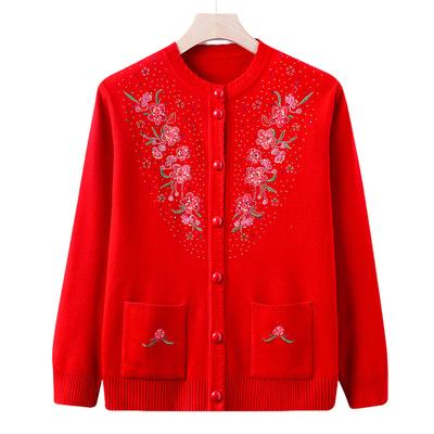 Mittelalterliche und ältere bestickte Pulloverjacke Oma Oberteil Strickjacke Langarmpullover Freizeitkleid für Mutter Kleidung für alte Dame