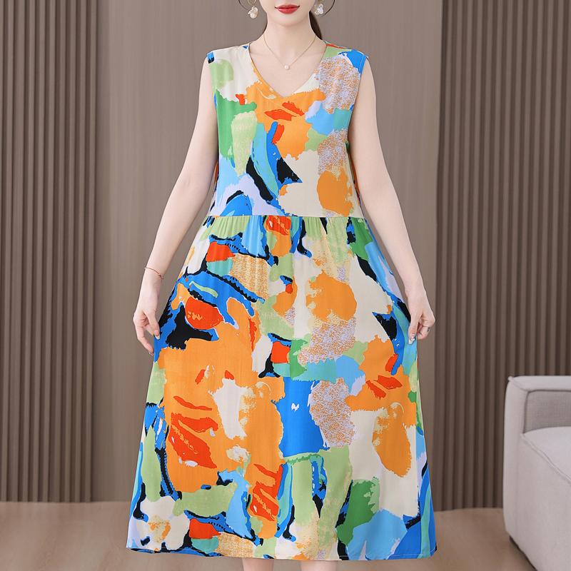 Abito estivo elegante da donna taglie forti, abito lungo senza maniche ampio, abbigliamento vintage femminile