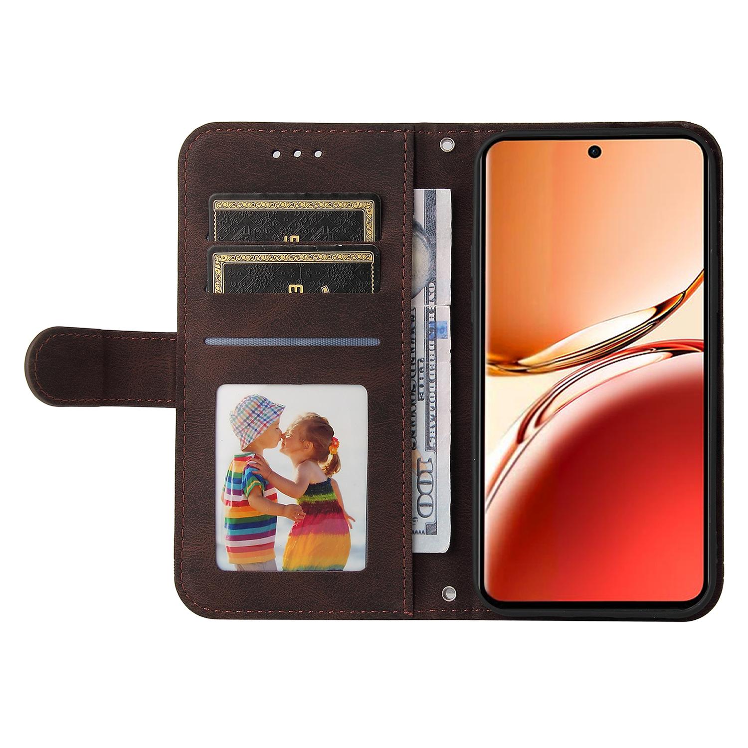 

For Oppo Reno12 F 5G Leather Wallet Cases Skin Touch Phone Cover Stand with Strap Brown