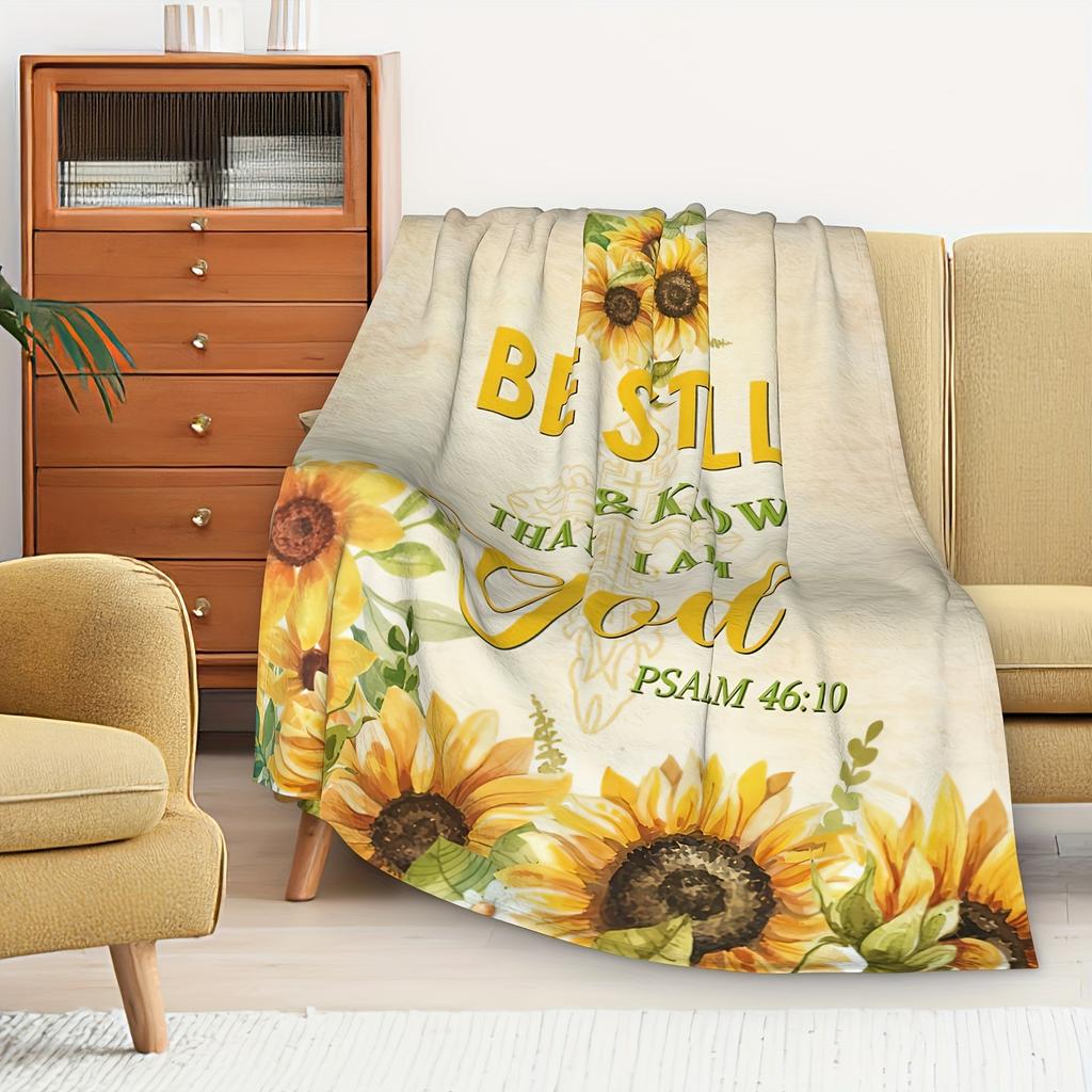 [Inspirational Blanket] Soft Inspirational Sunflower Flannel Blanket | 1pc Throw with Psalm 46:10 Verse - Cozy & Tear-Resistant