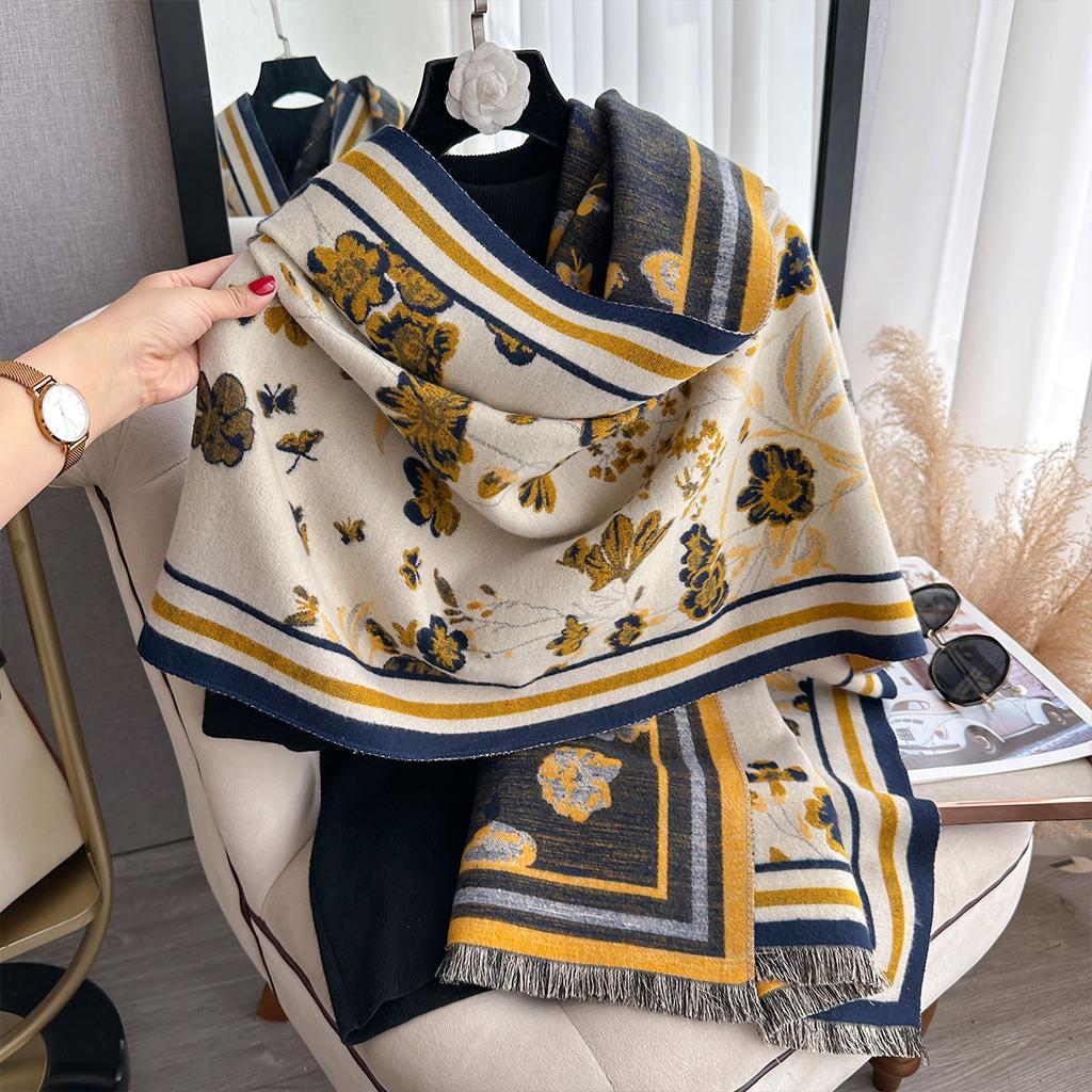 Women'S Thick Warm Winter Floral Printed Imitation Cashmere Pashmina Scarf Shawl Lady Wrap Knitted Foulard Blanket