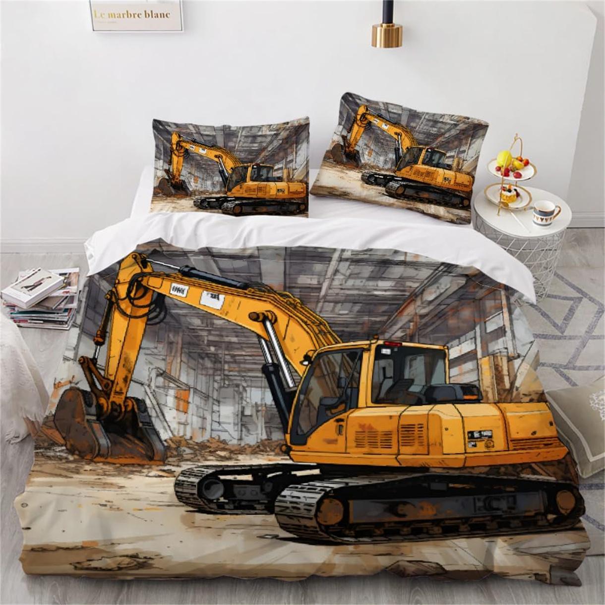 

Boys Excavator Bedding Duvet Cover King Bed Engineering Construction Vehicles Digger Kids Boys Quilt Cover Set with Pillowcase 90x200cm